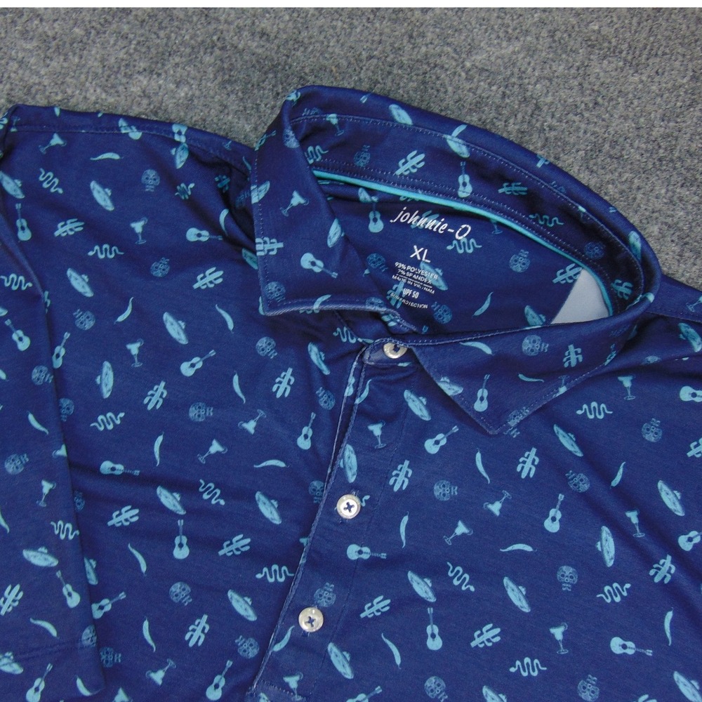 johnnie-O Polo Shirt Mens XL Performance Navy Blue Fiesta‎ Print Golf Casual Tee